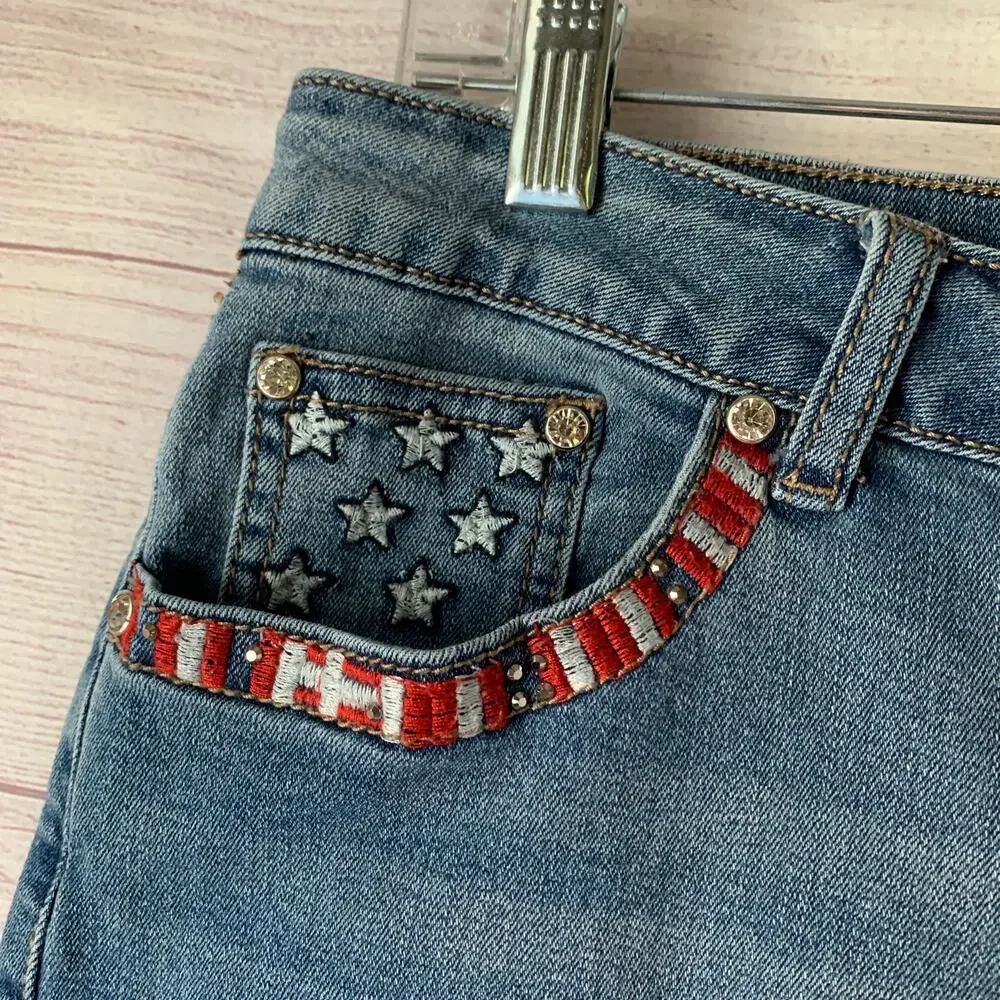Earl Jeans Bermuda Denim Jean Shorts Patriotic Flag Embellishments Size 12
